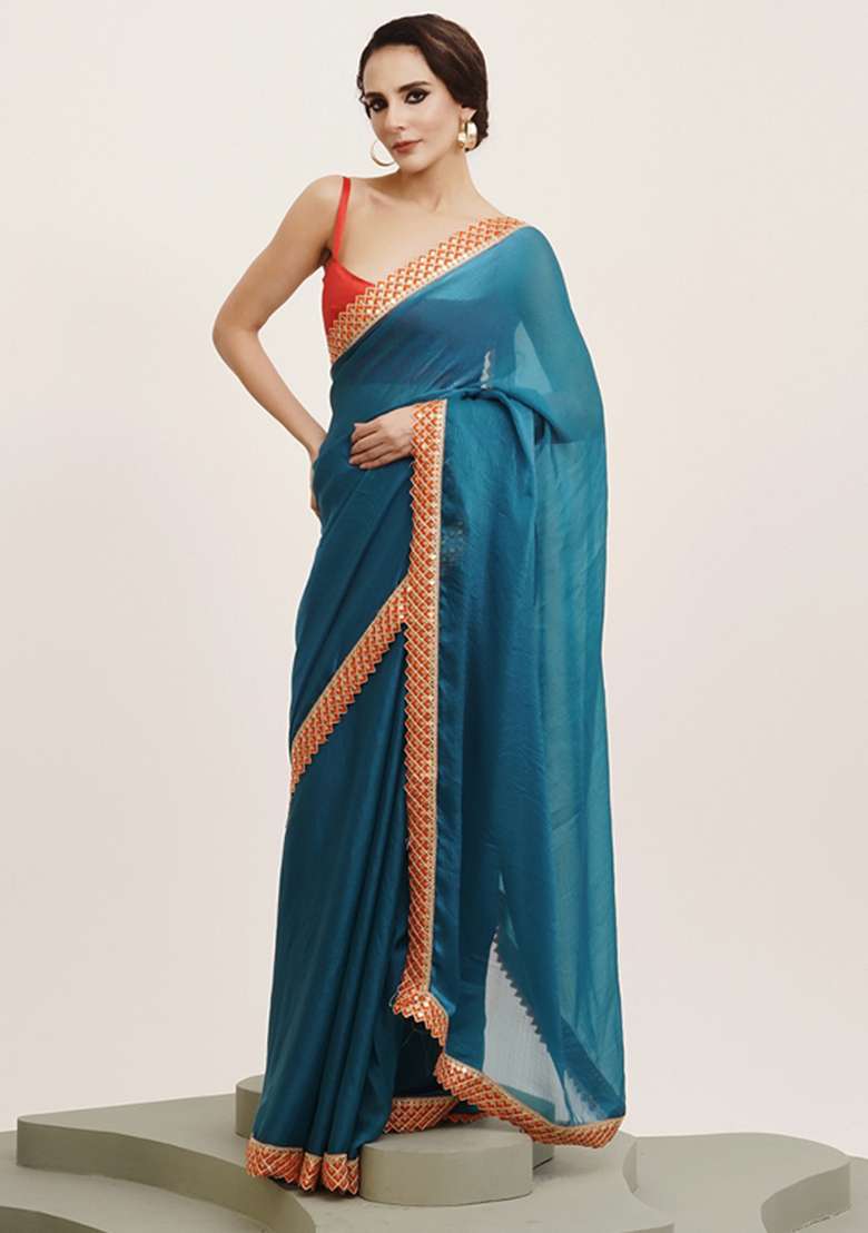 Blue Embroidered Chiffon Saree Set - Indya