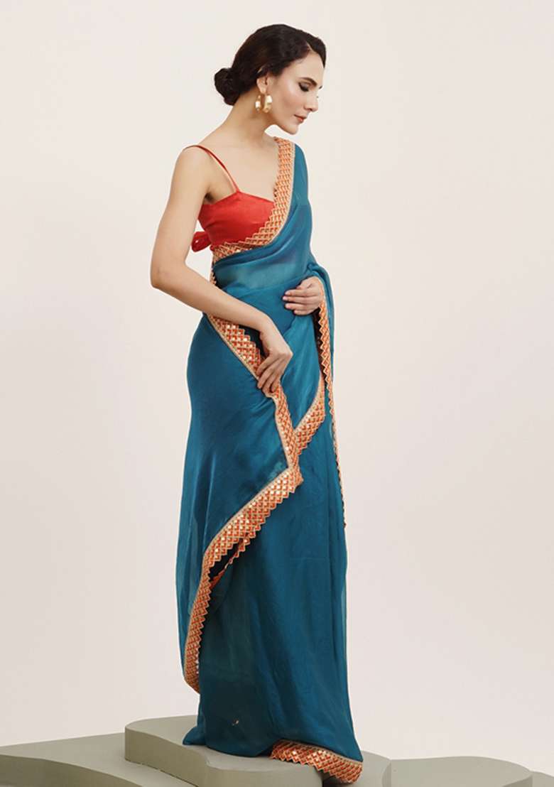 Blue Embroidered Chiffon Saree Set - Indya