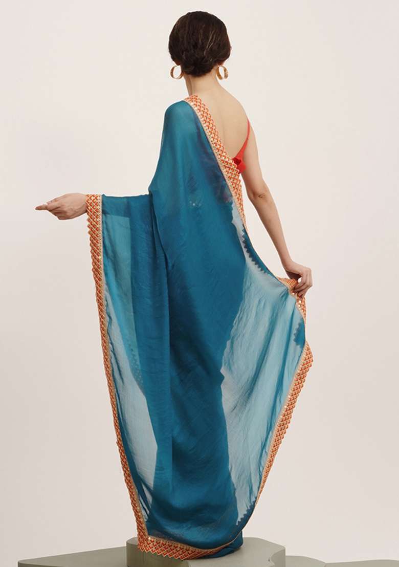 Blue Embroidered Chiffon Saree Set - Indya