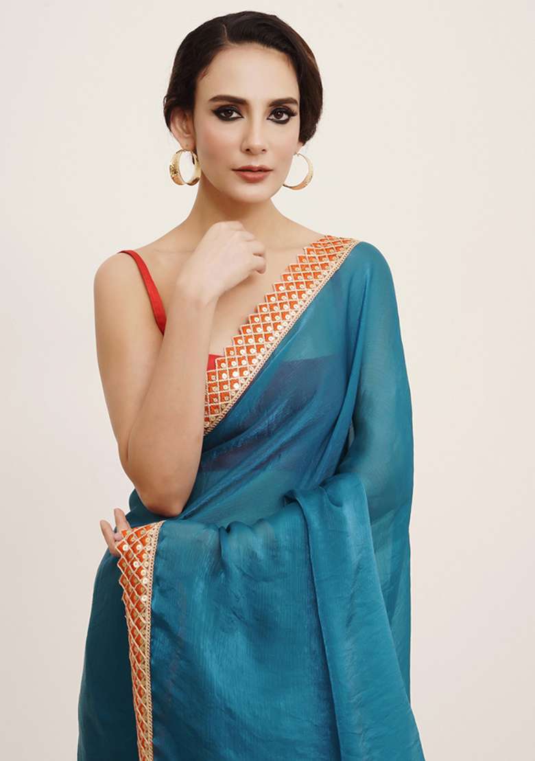 Blue Embroidered Chiffon Saree Set - Indya