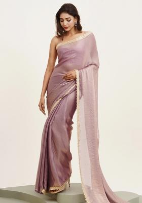 Purple Embroidered Satin Saree Set