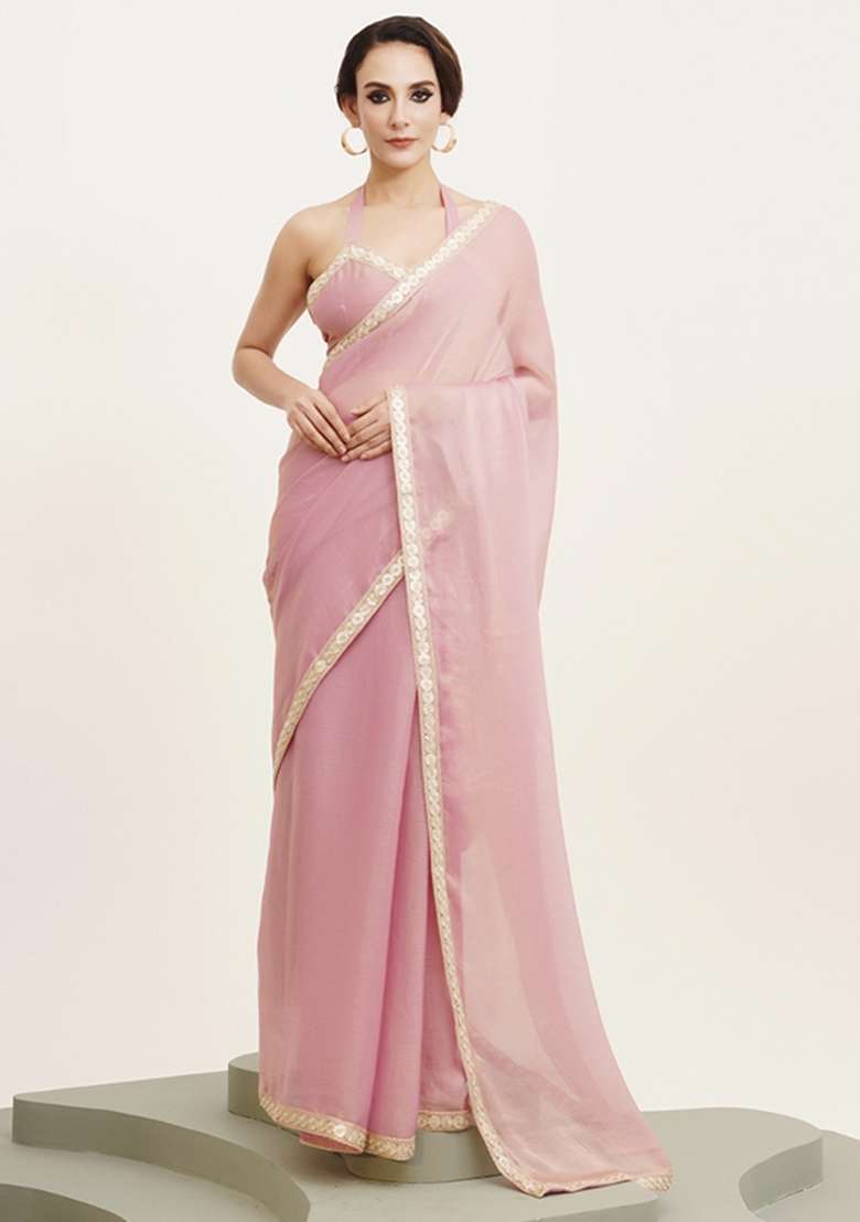 Pink Embroidered Chiffon Saree Set - Indya