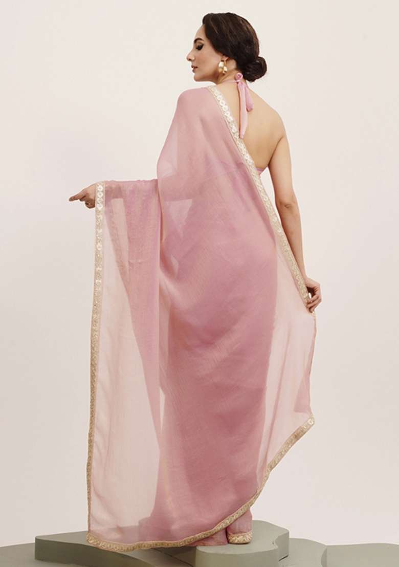 Pink Embroidered Chiffon Saree Set - Indya