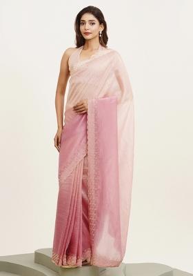 Pink Embroidered Tissue Saree Set