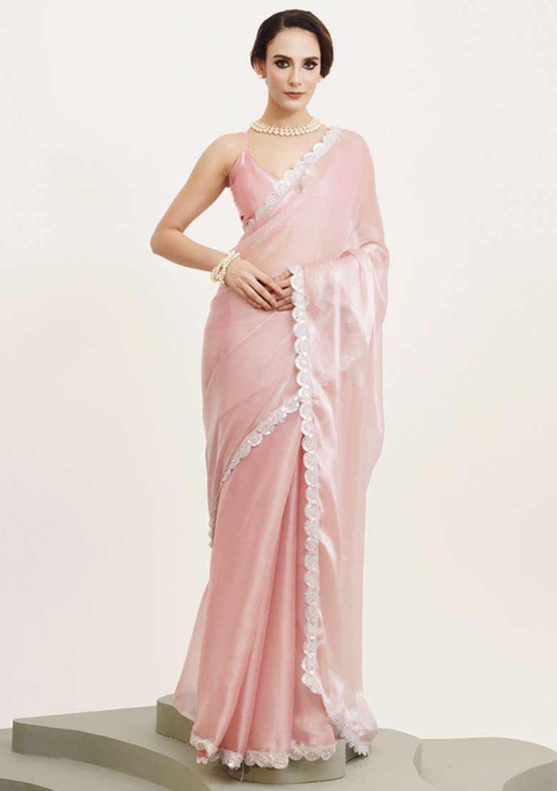 Pink Embroidered Organza Saree Set - Indya