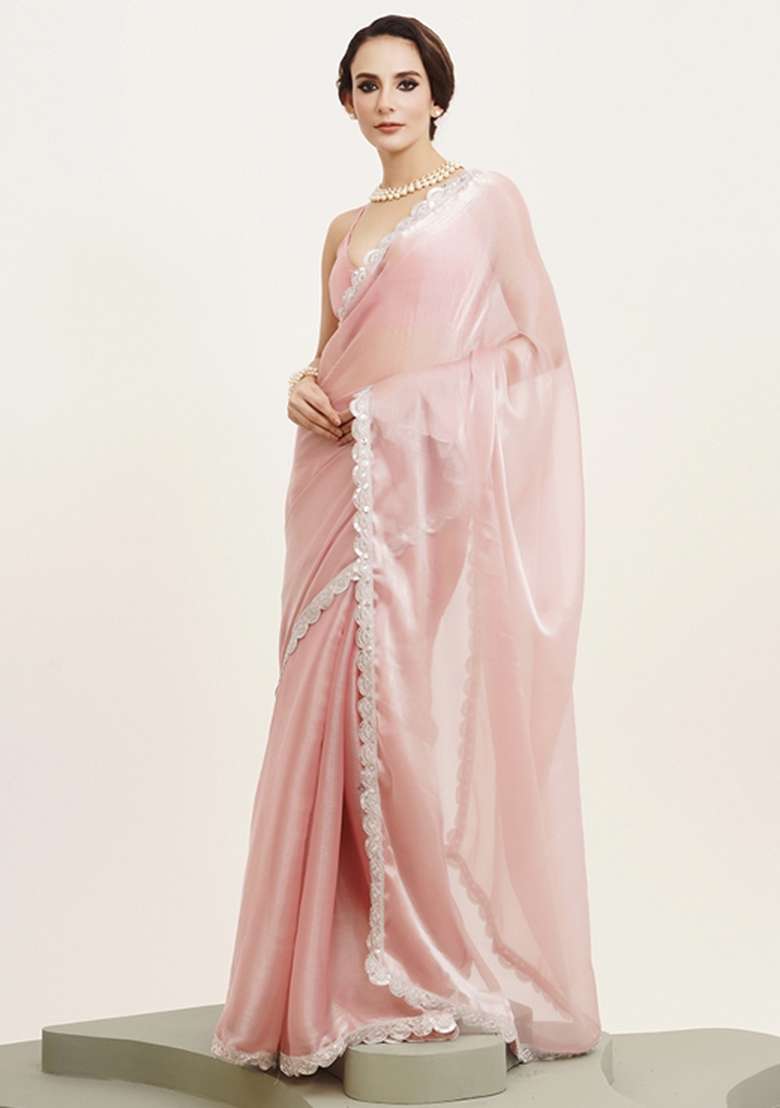 Pink Embroidered Organza Saree Set - Indya