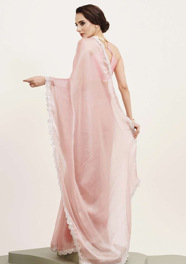 Pink Embroidered Organza Saree Set - Indya