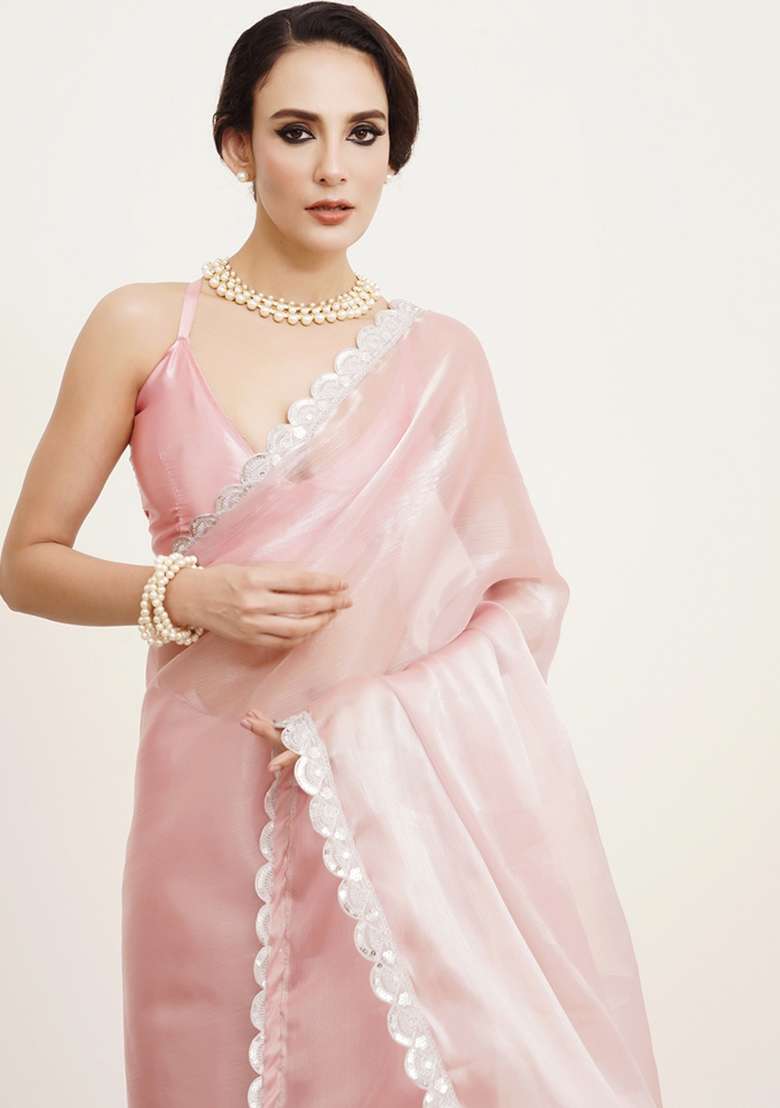 Pink Embroidered Organza Saree Set - Indya