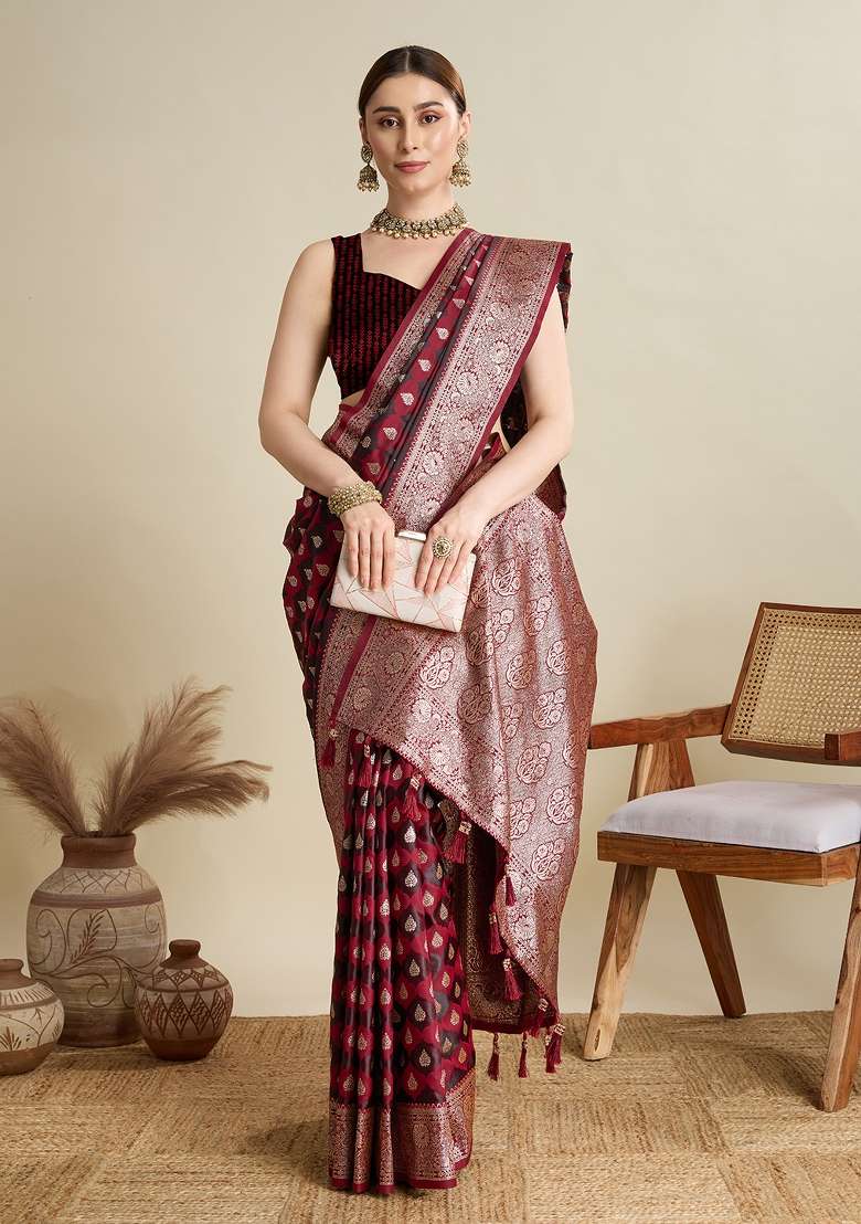 Maroon Embroidered Silk Saree Set - Indya