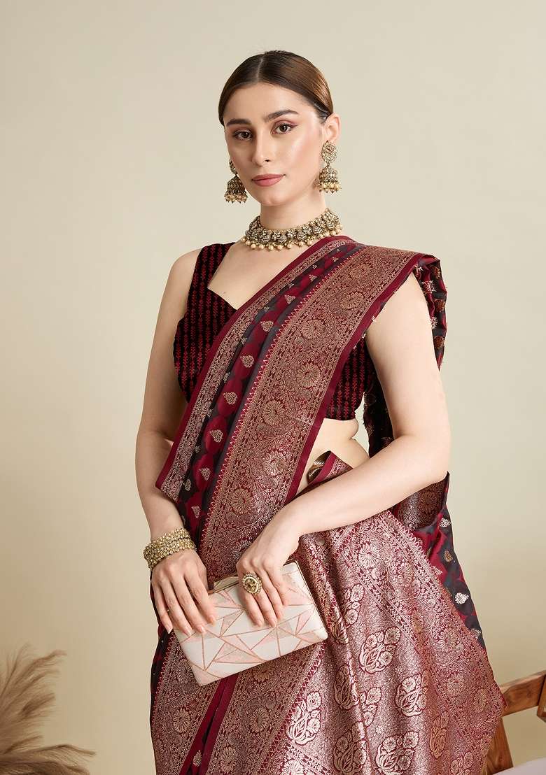 Maroon Embroidered Silk Saree Set - Indya