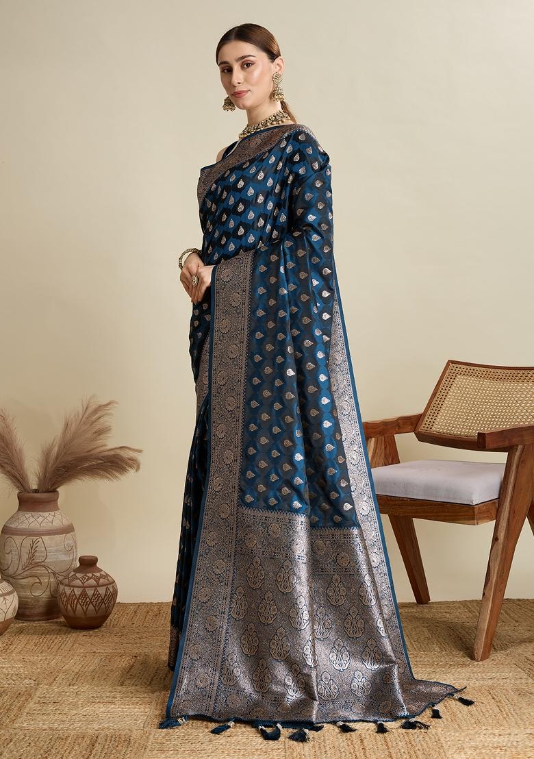 Blue Embroidered Silk Saree Set
