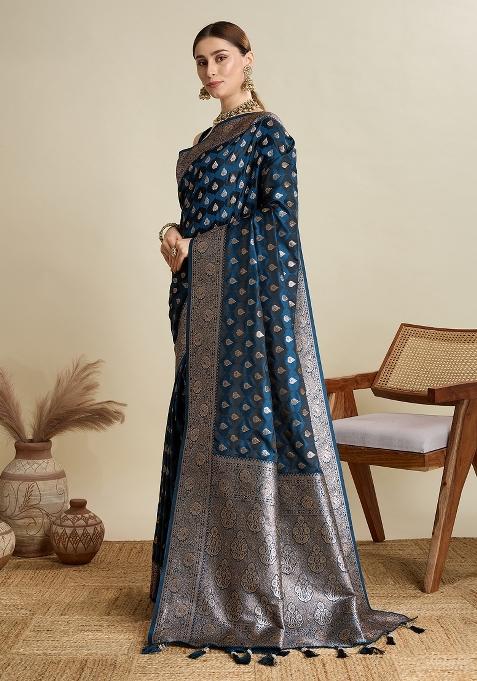 Blue Embroidered Silk Saree Set