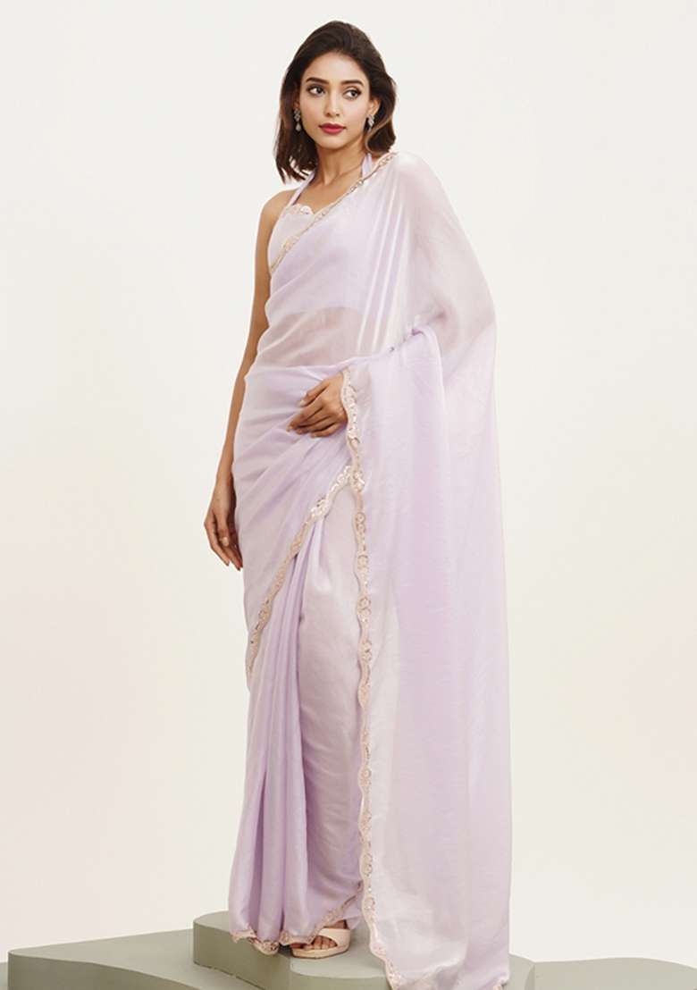 Purple Embroidered Tissue Saree Set - Indya