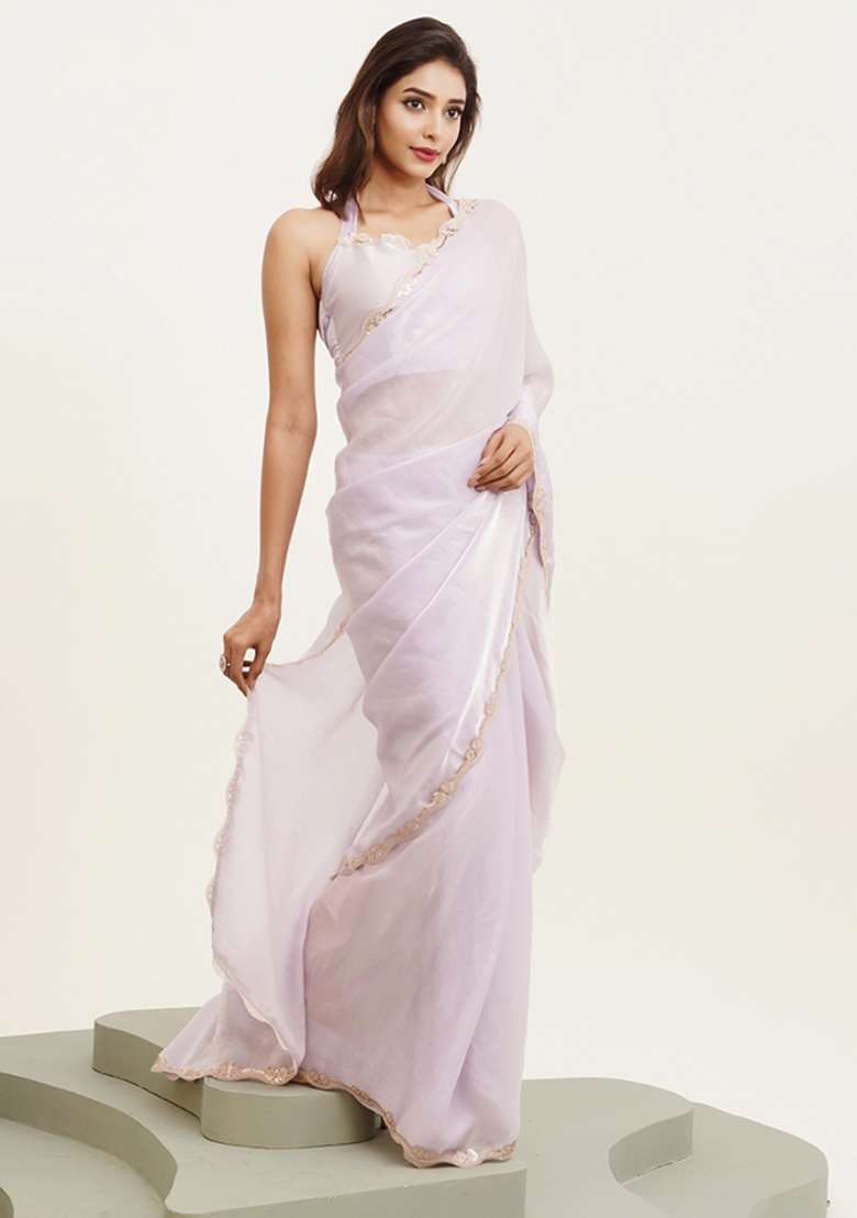 Purple Embroidered Tissue Saree Set - Indya