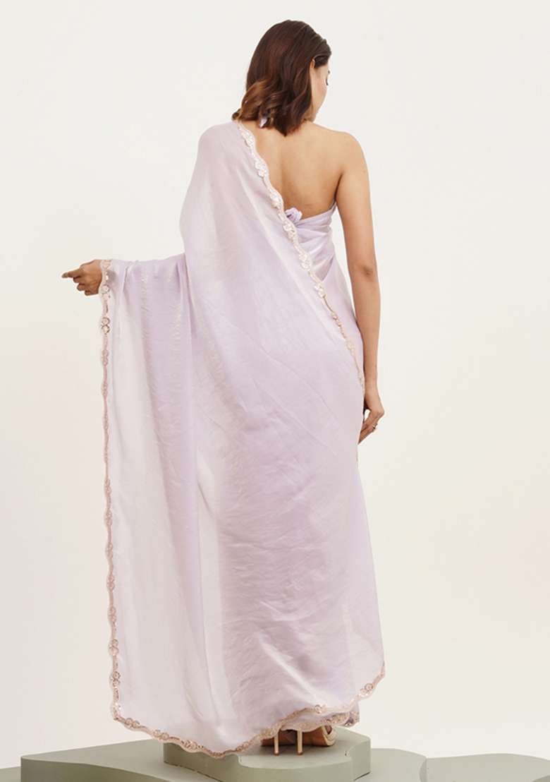 Purple Embroidered Tissue Saree Set - Indya