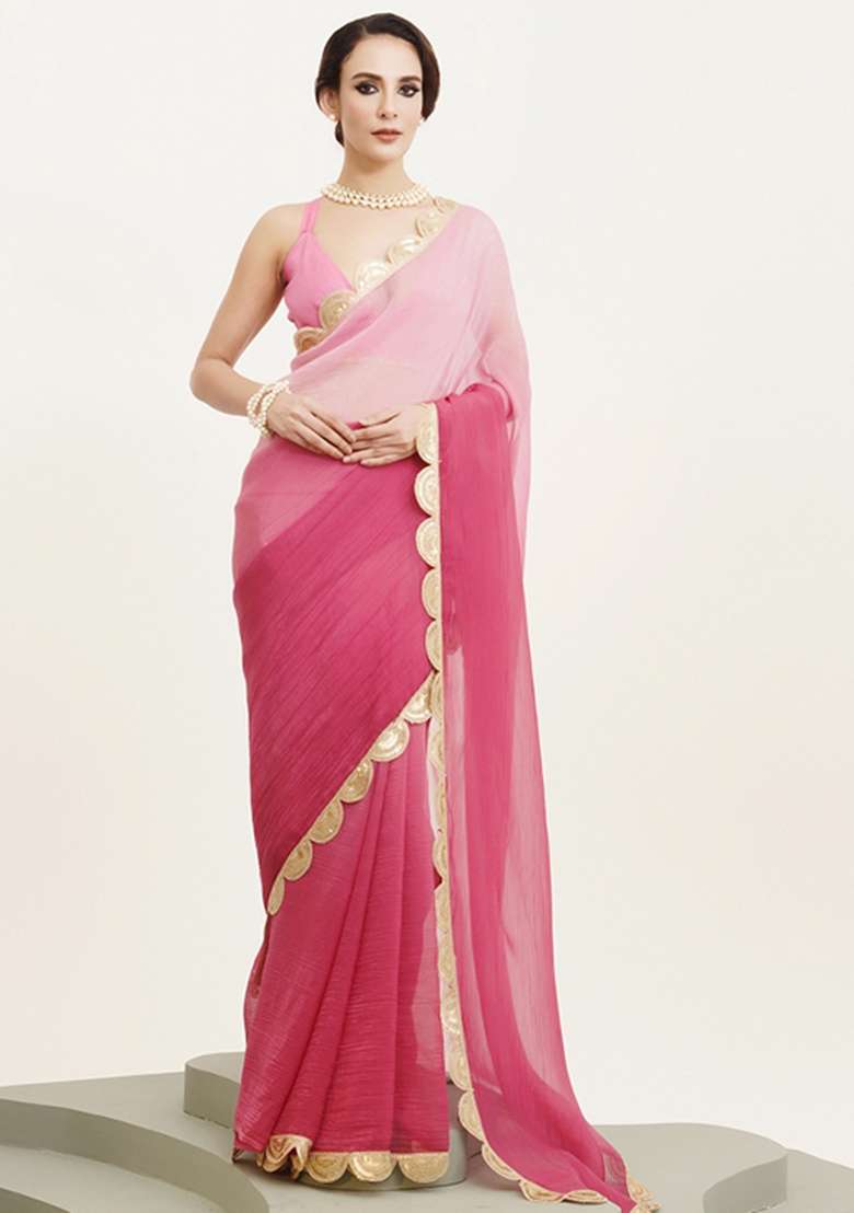 Pink Embroidered Chiffon Saree Set - Indya
