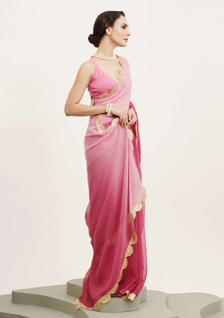 Pink Embroidered Chiffon Saree Set - Indya