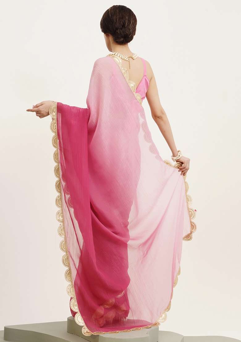 Pink Embroidered Chiffon Saree Set - Indya