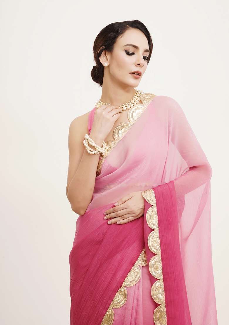 Pink Embroidered Chiffon Saree Set - Indya