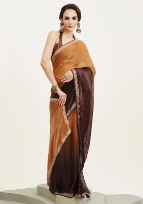 Brown Embroidered Chiffon Saree Set