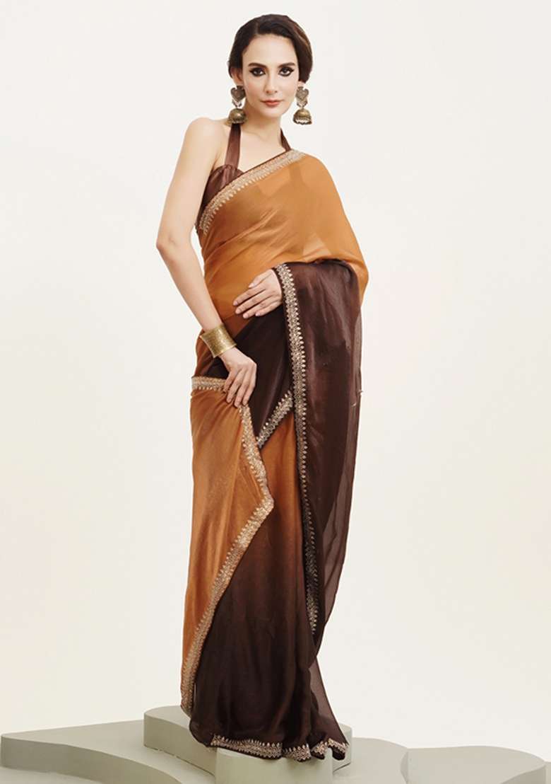 Brown Embroidered Chiffon Saree Set - Indya
