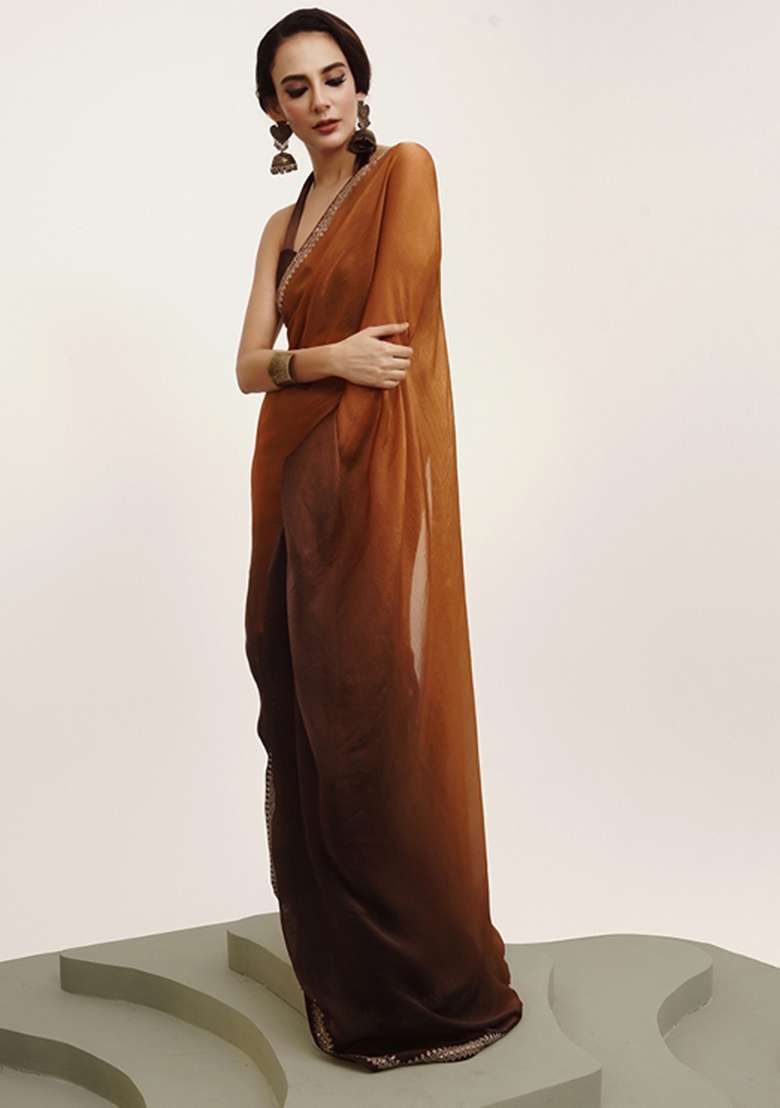 Brown Embroidered Chiffon Saree Set - Indya
