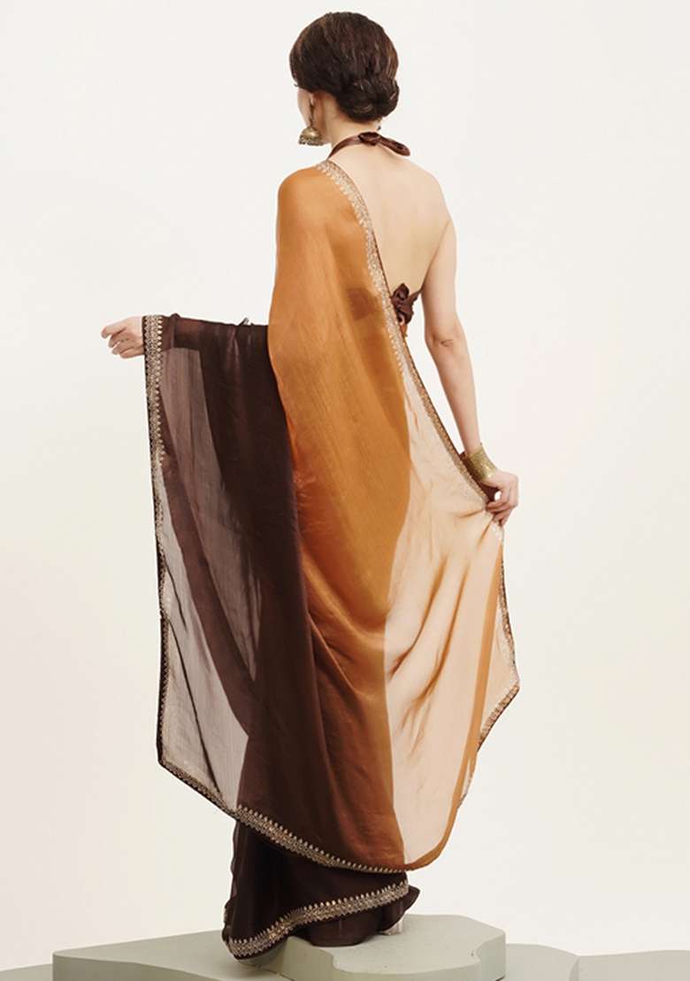 Brown Embroidered Chiffon Saree Set - Indya
