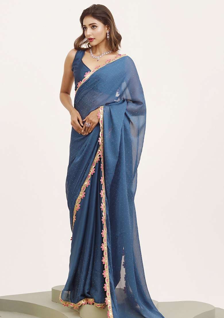Blue Embroidered Chiffon Saree Set - Indya