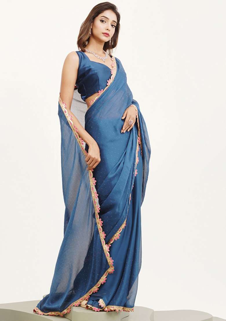 Blue Embroidered Chiffon Saree Set - Indya