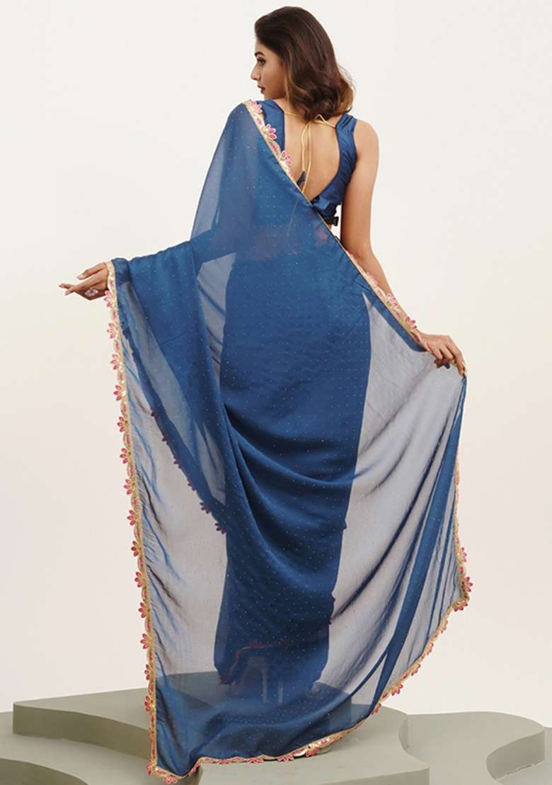 Blue Embroidered Chiffon Saree Set - Indya