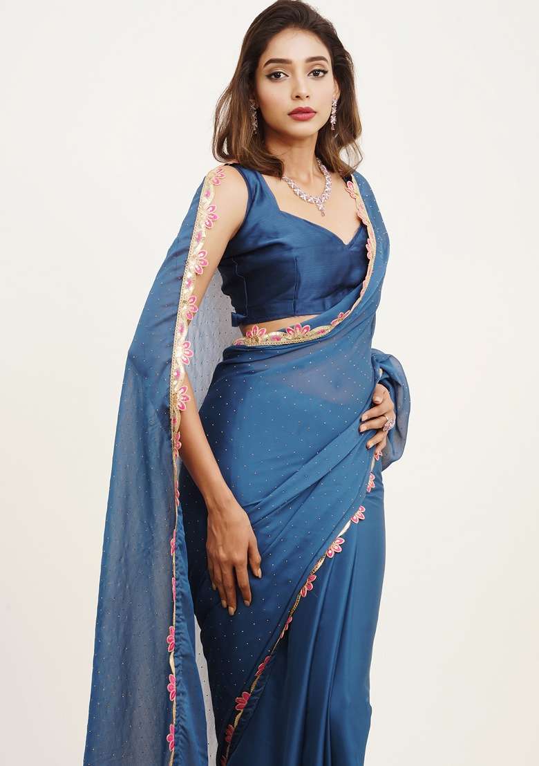 Blue Embroidered Chiffon Saree Set - Indya