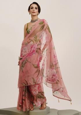 Pink Embroidered Organza Saree Set
