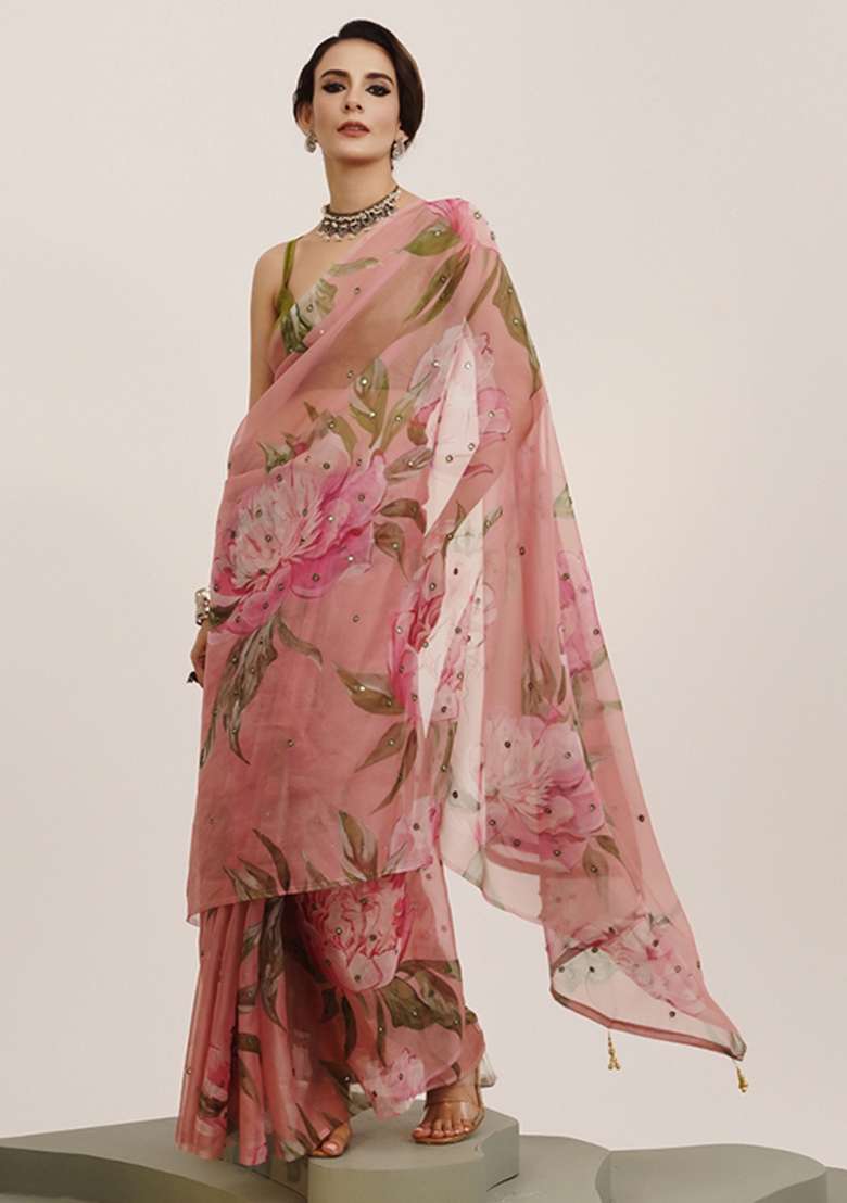 Pink Embroidered Organza Saree Set - Indya