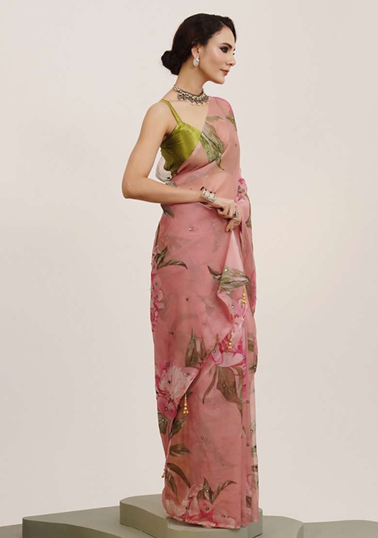 Pink Embroidered Organza Saree Set - Indya