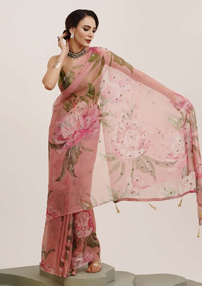 Pink Embroidered Organza Saree Set - Indya