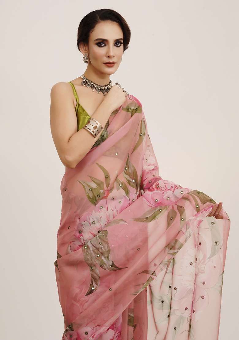 Pink Embroidered Organza Saree Set - Indya