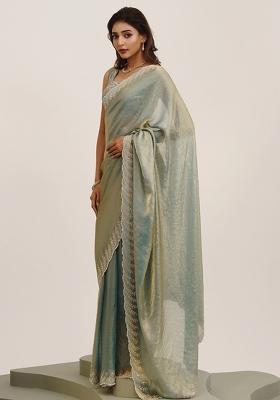 Grey Embroidered Satin Saree Set