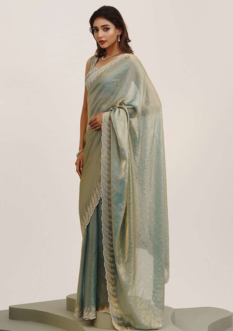 Grey Embroidered Satin Saree Set - Indya