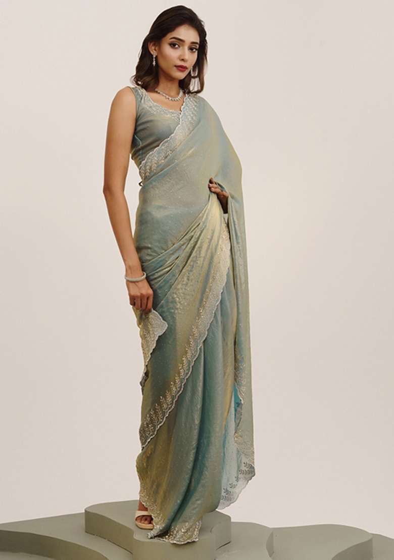 Grey Embroidered Satin Saree Set - Indya