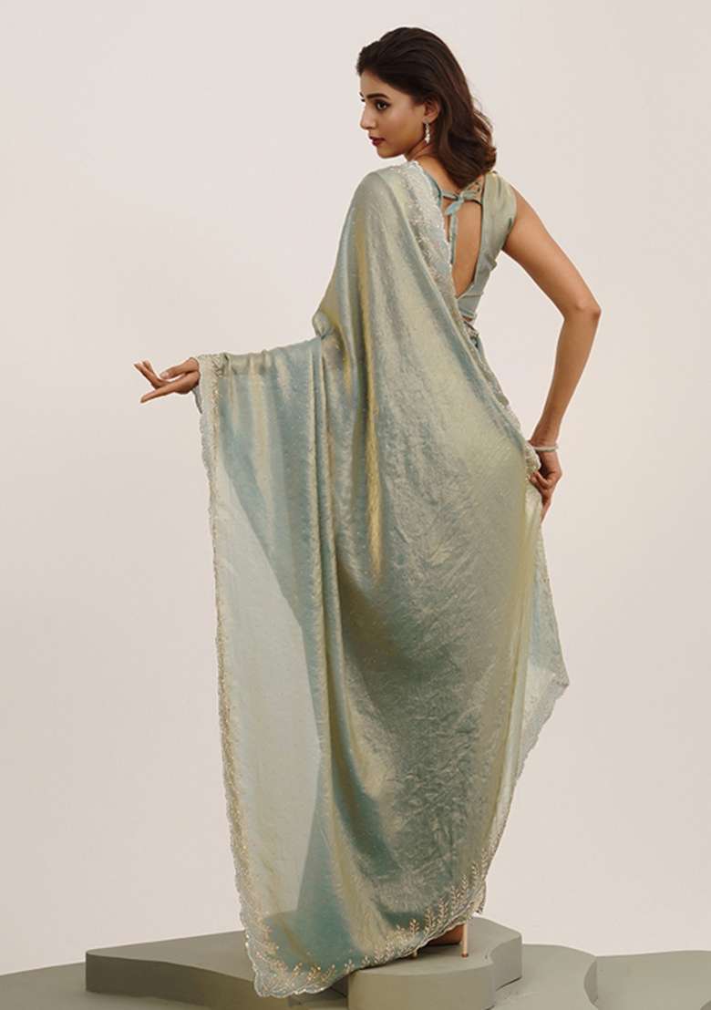 Grey Embroidered Satin Saree Set - Indya