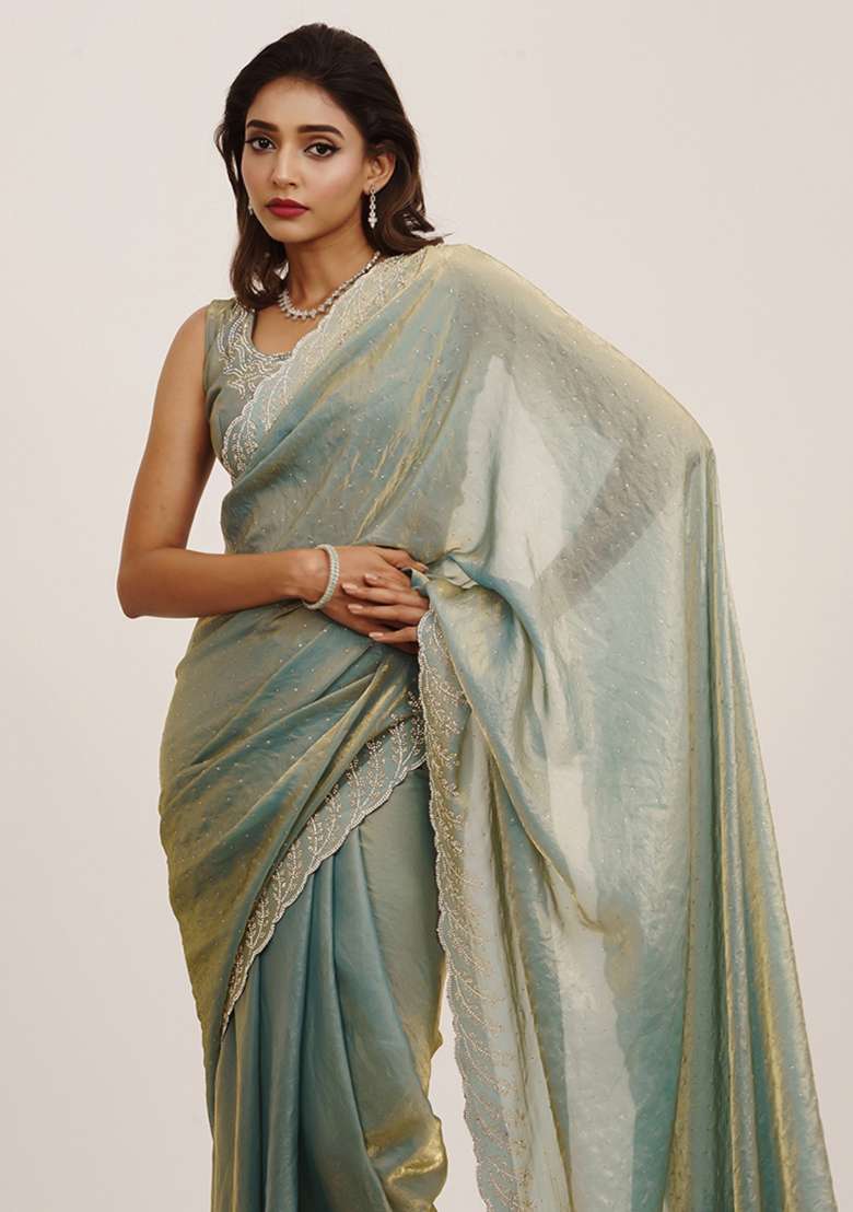Grey Embroidered Satin Saree Set - Indya