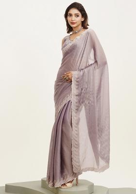 Purple Embroidered Satin Saree Set