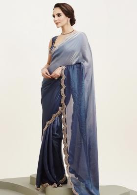 Blue Embroidered Satin Saree Set