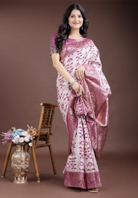 Purple Embroidered Cotton Saree Set