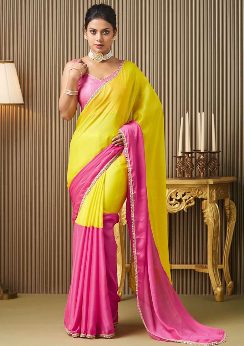 Pink Embroidered Chiffon Saree Set - Indya