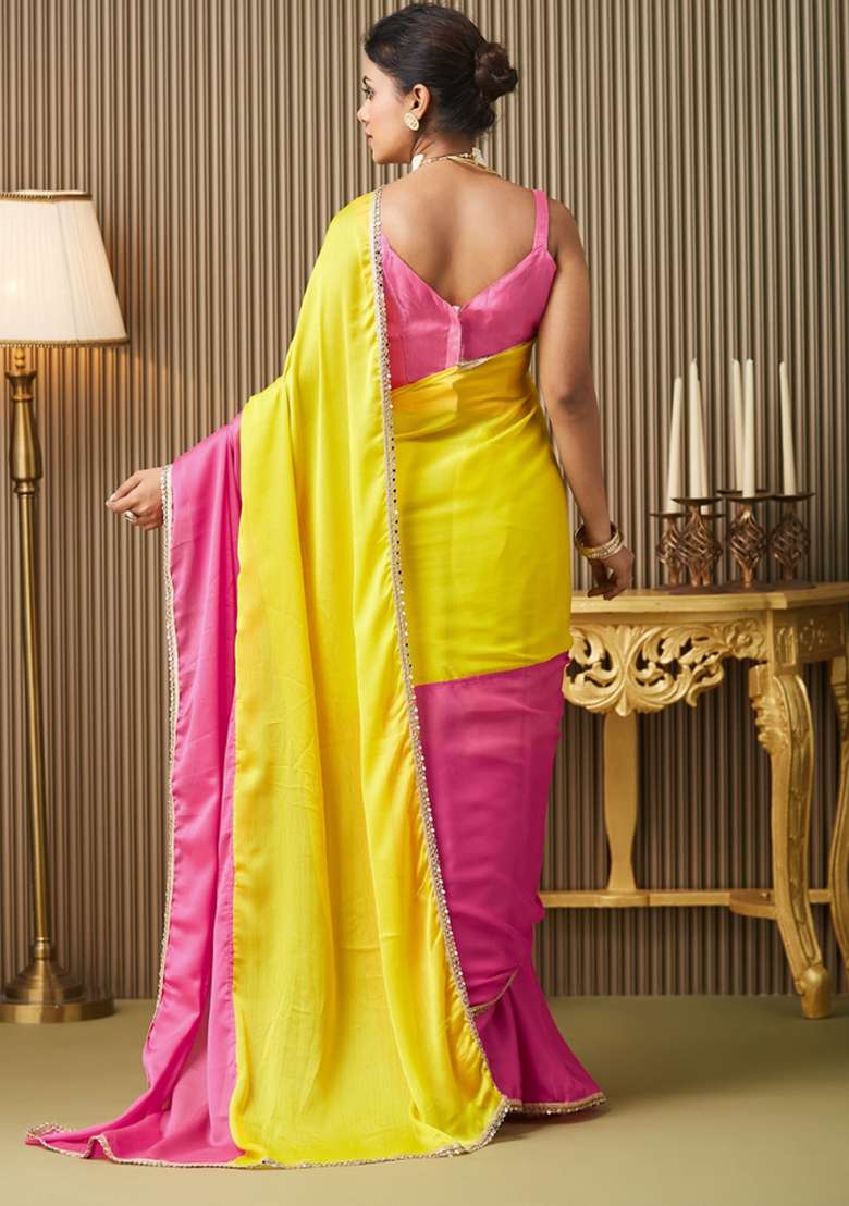 Pink Embroidered Chiffon Saree Set - Indya