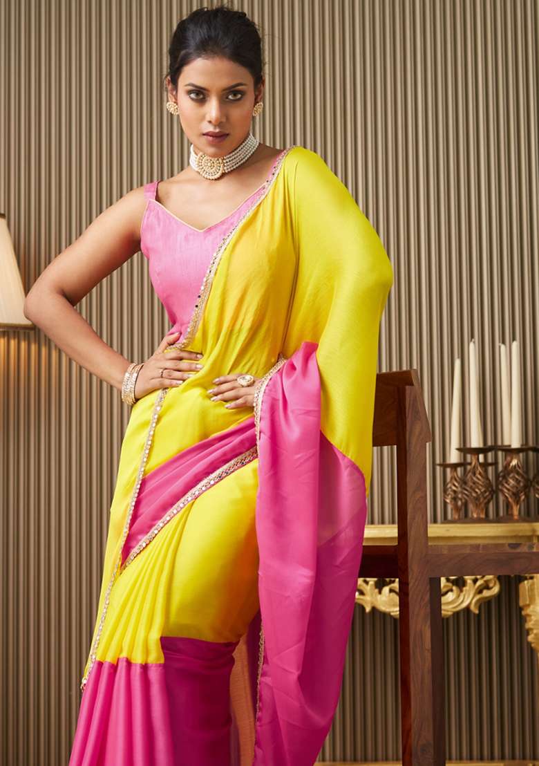 Pink Embroidered Chiffon Saree Set - Indya