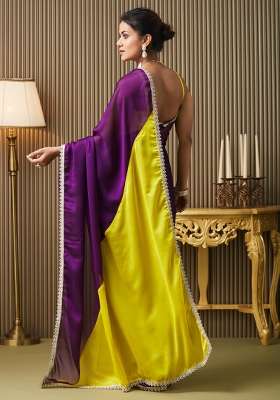 Purple Embroidered Chiffon Saree Set - Indya