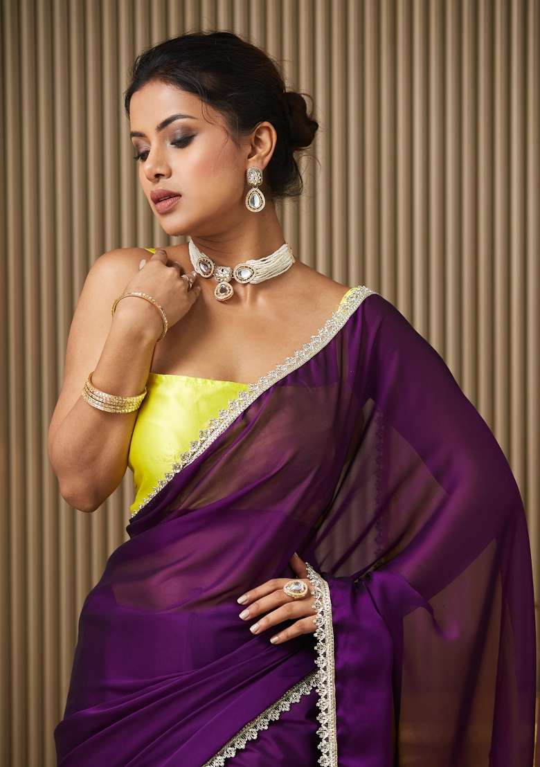 Purple Embroidered Chiffon Saree Set - Indya