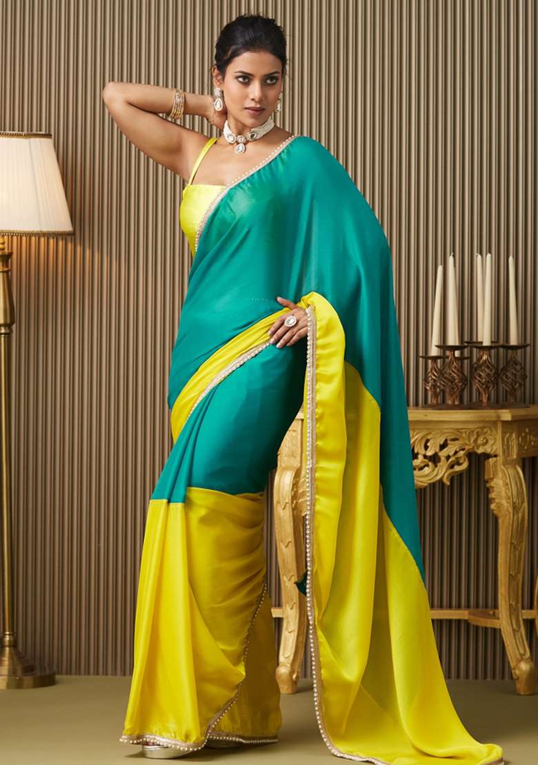 Blue Embroidered Chiffon Saree Set - Indya
